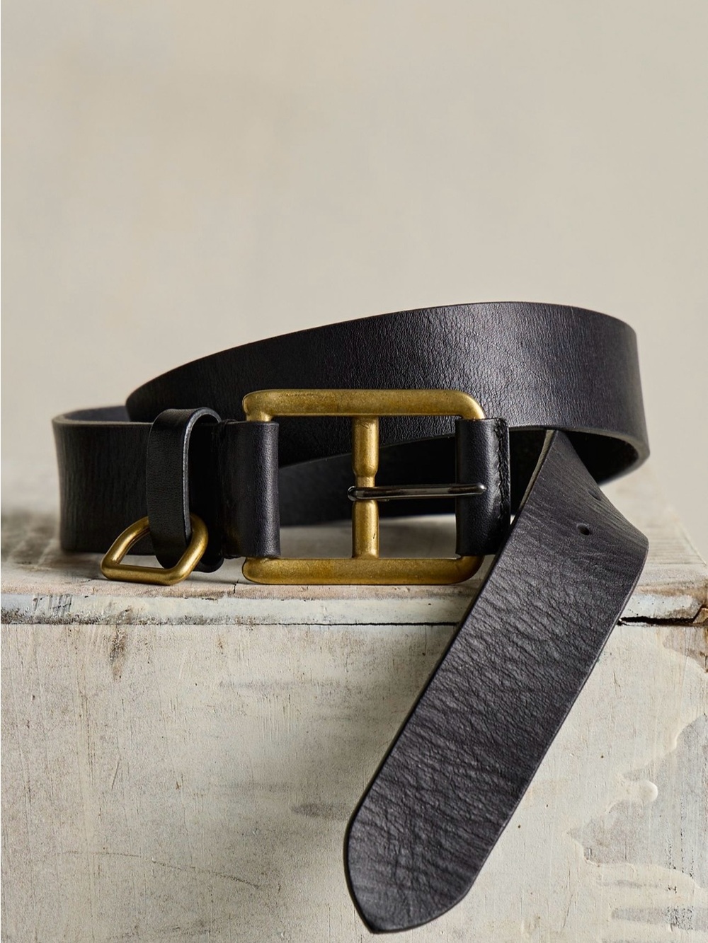 Free People Black Leather Belt with Brass-Tone Buckle